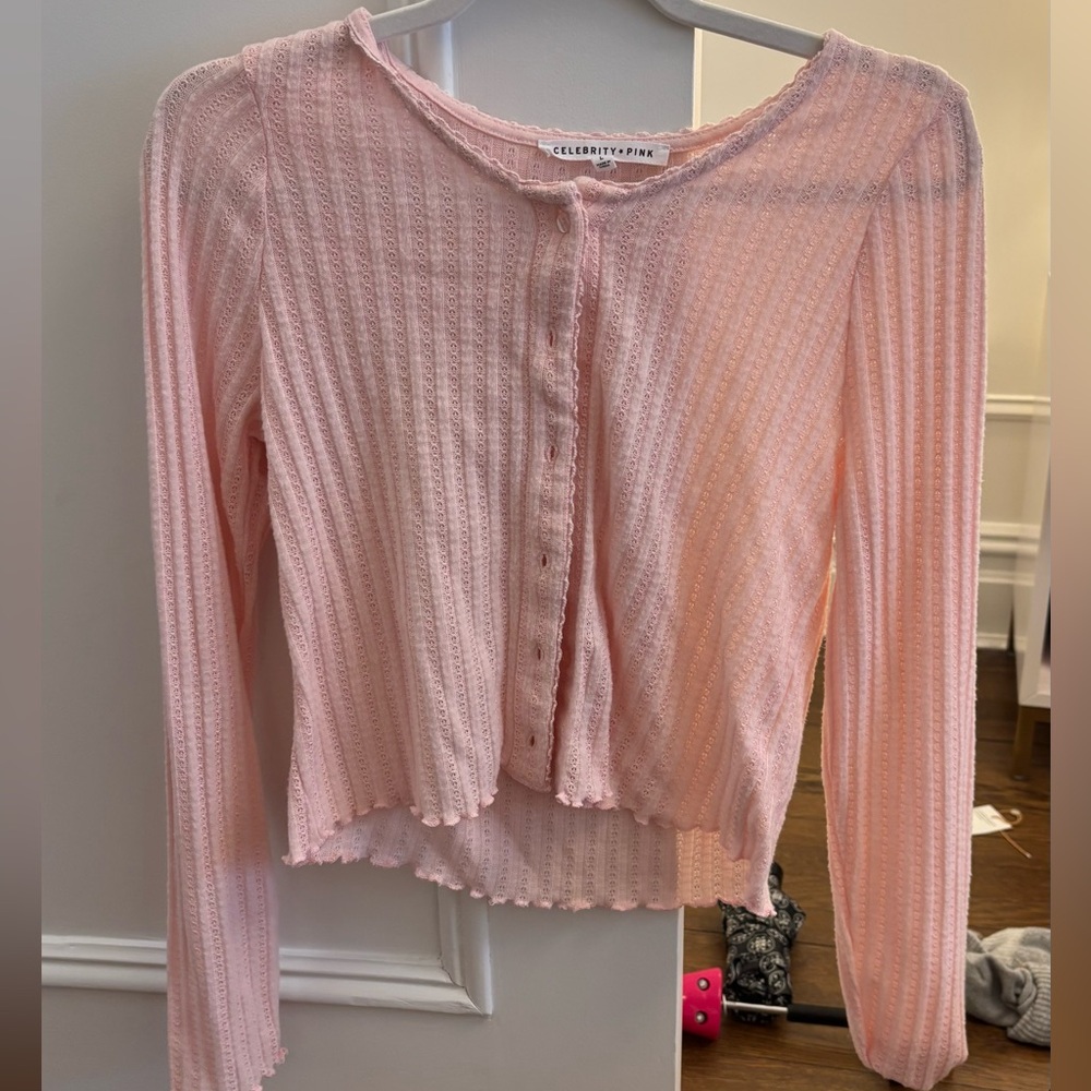 Celebrity Pink Light Pink‎ Ribbed Button-Up Cardigan